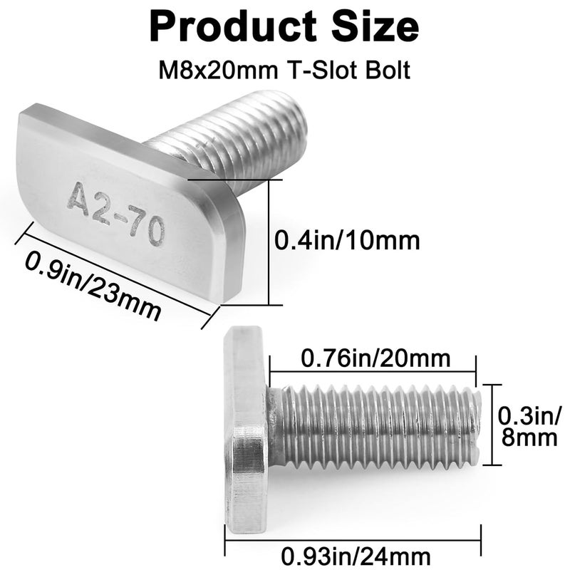 Lidajida 20Pcs M8x20 304 Stainless Steel T-Slot Bolt M8x20mm Bolt T-Shaped Bolt Screw 20Pack - Image 3